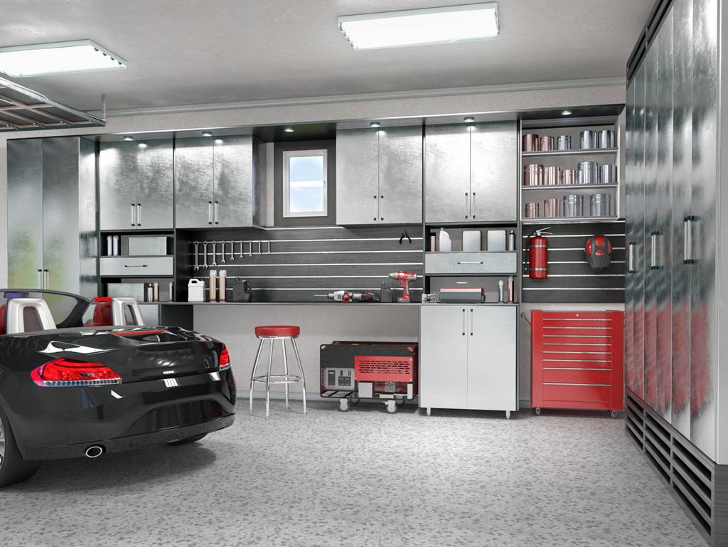Modern Garage With Convertible Car And Tools